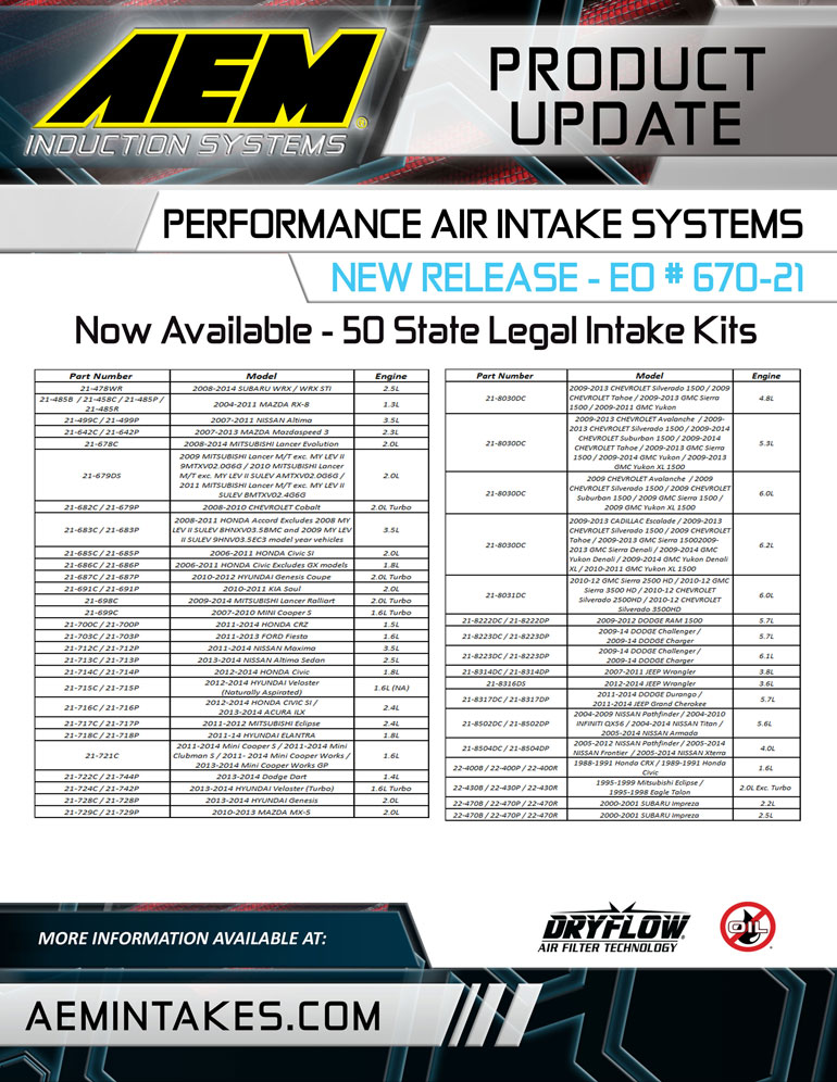 Now Available 50 State Legal AEM Air Intake Kits