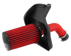 AEM cold air intake, number 21-735WR, for the 2015 and 2016 Subaru WRX STi with an EJ257 engine is powdercoated in a wrinkle-red finish to complement original equipment components