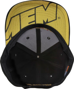 Bottom view of the flat billed black AEM snapback hat