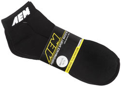 Black AEM logo sport socks are available in Large and X-Large.