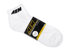 White AEM logo sport socks are available in Large and X-Large.