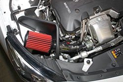 Closeup view of the AEM 21-794C Cold Air Intake on a 2014 Chevrolet Malibu Turbo 2.0L