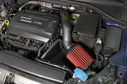 Closeup of an AEM 21-802C Cold Air Intake installed on a 2015-2016 Audi A3 2.0T