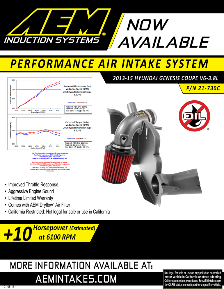 AEM Sell sheet for 2013, 2014 and 2015 Hyundai Genesis Coupe 3.8L cold air intake
