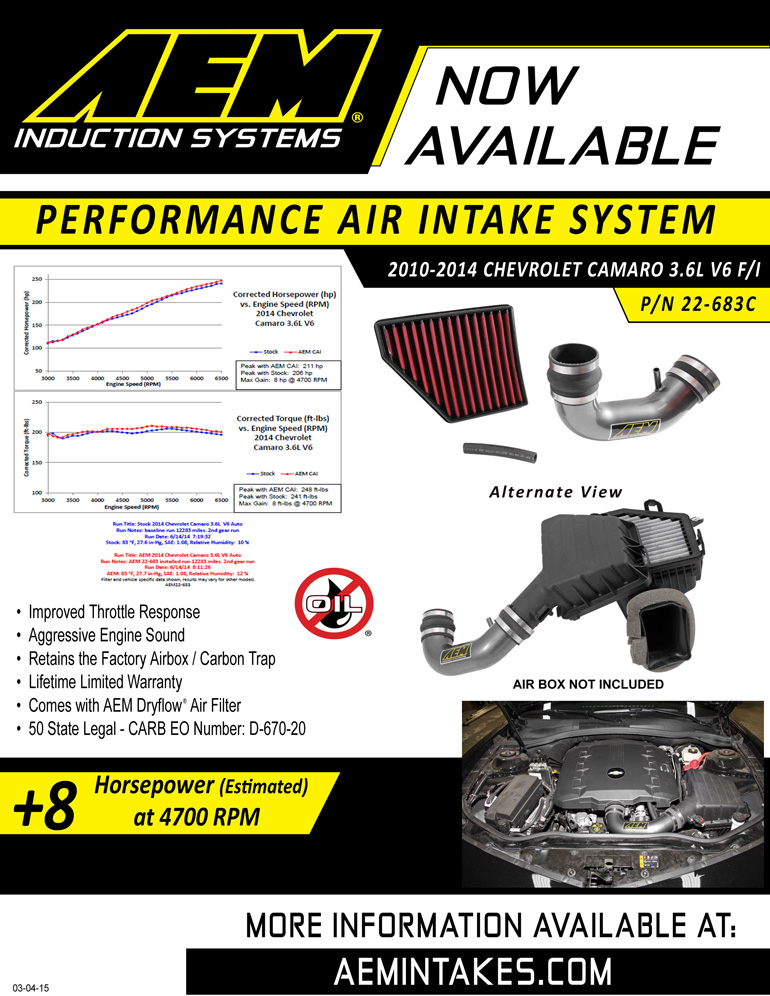 AEM Sell sheet for 2010-2014 Chevy Camaro 3.6L cold air intake