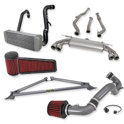 AEM's product groups that can be found at SEMA, AEM's ETi Air Intake System, Strut Tower Bar, Dryflow Air Filters, Exhaust systems and Intercoolersp