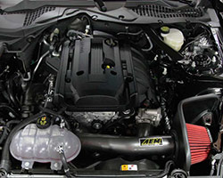 AEM Cold Air Intake System, number 21-740C, was shown to provide an estimated additional 12 HP at 4,500 RPM to the rear wheels of a stock 2015 Ford Mustang 2.3L EcoBoost
