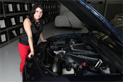 Mayra Soriano's 2012 Chevy Camaro SS is equipped with an AEM Universal Air Intake 21-5011